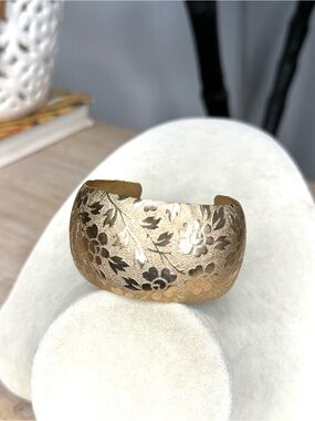 Gold Tone Floral Cuff Bracelet Wide Etched Botanical Statement Adjustable 2.5”